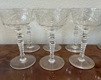 Vintage Rock Sharpe Etched Crystal Champagne Coupes with Faceted Stems