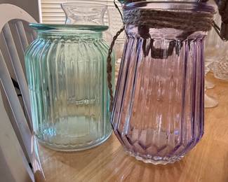 Set of Two Colored Ribbed Glass Lanterns