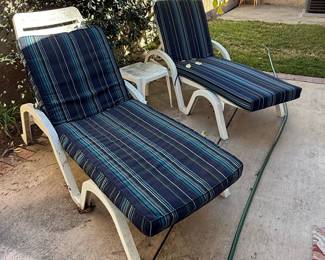 Vintage White Aluminum Chaise Lounges with Striped Cushions