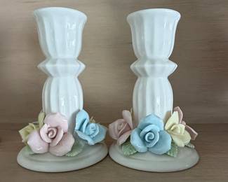Pair of Capodimonte Style Porcelain Floral Candlesticks