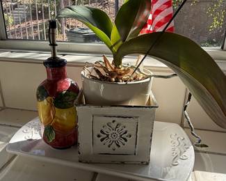 Hand-Painted Ceramic Oil Cruet and Distressed Metal Planter Set