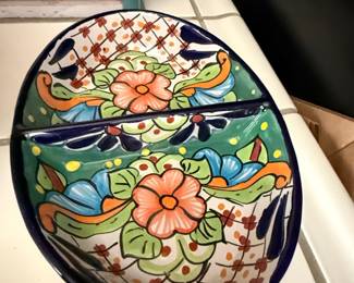 Hand-Painted Mexican Talavera Divided Serving Dish