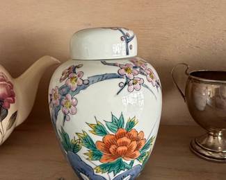 Vintage Japanese Porcelain Ginger Jar with Cherry Blossoms and Peonies