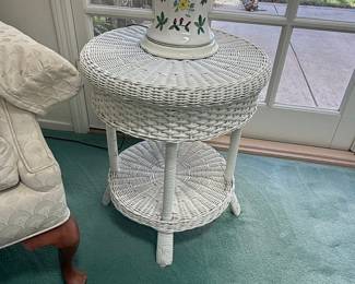 Vintage White Wicker Two-Tier Plant Stand