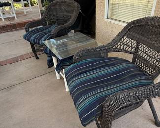 Jeco 3 Piece Resin Wicker Patio Conversation Set with Blue Cushions