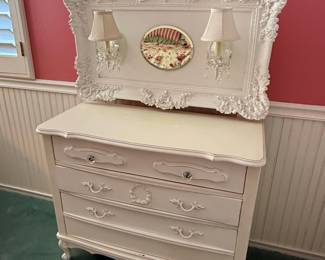 French Provincial Style Dresser with Attached Mirror and Sconces