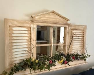 Farmhouse Shutter Window Wall Mirror with Shelf and Faux Florals