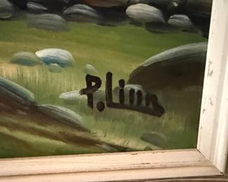 P. Linn Cabin Landscape Oil Painting