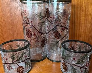 Winter Pinecone Crackle Glass Candle Holder Set