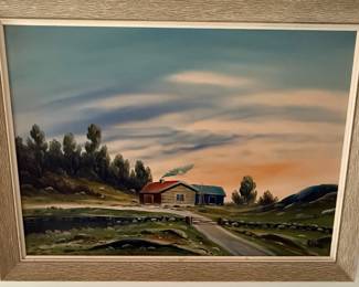 P. Linn Cabin Landscape Oil Painting
