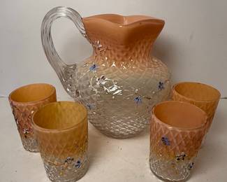 Victorian Cased Glass Pitcher & 4 Tumbler Set