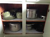 large cooking pots, Revere ware, Club aluminum