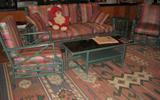 vintage rattan furniture-sofa, 3 chairs, 1 with ottoman, dining table and 6 chairs, coffee table, 2 round side tables