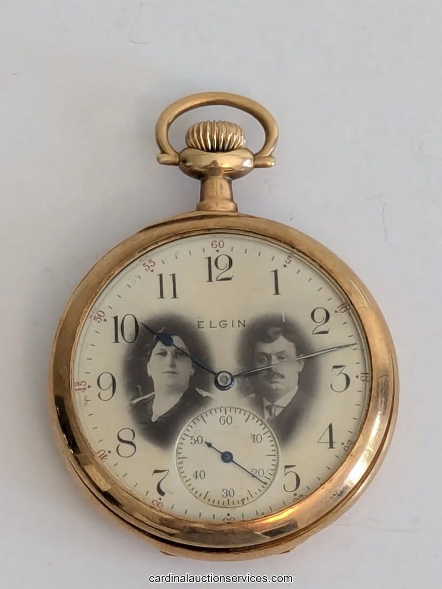 Elgin 14K solid gold pocket watch with photo portrait dial, circa 1910 - ships