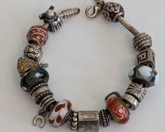 Pandora sterling silver charm bracelet with charms, 62.6 g - ships