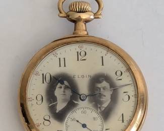 Elgin 14K solid gold pocket watch with photo portrait dial, circa 1910 - ships