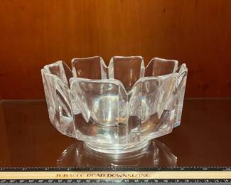 T70 - $25. Orrefors Corona Crystal Bowl. Lars Helsten. Measures 7.5” x 4.25” tall.
