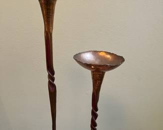 T55 - $100. Pair of vintage Hessel Studios Copper Candle Holders. Measures 12" T & 16.25" T. Excellent condition.