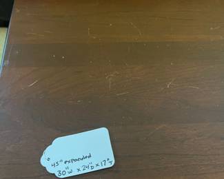 T44 - $60. Wooden Coffee Table with Drop Leaf Sides and 1 drawer. Measures 30" (45" expanded) x 24" x 17" Tall. Very good condition with some surface wear, mainly on legs.