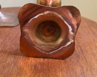 T55 - $100. Pair of vintage Hessel Studios Copper Candle Holders. Measures 12" T & 16.25" T. Excellent condition.
