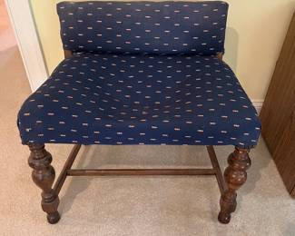 T48 - $10. Upholstery and wood bench. Measures 25" x 16" x 24" Tall, floor to seat 18.5". Wood frame in great shape, but seat bottom needs repair.