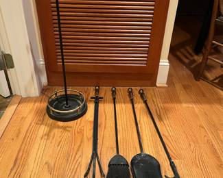T131 - $60. Pilgrim Black Iron and Brass Fireplace Tool Set. Made in the USA. Measures 30.25” tall.