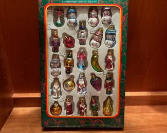 T75 - $25. Box of 24 Vintage Kurt S. Adler Petite Kringle Glass Christmas Ornaments.