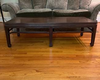T38 - $140. Henredon Coffee Table. Measures 56" x 24" x 16.5" tall. Very structurally sound, good condition with some scratching and surface wear.