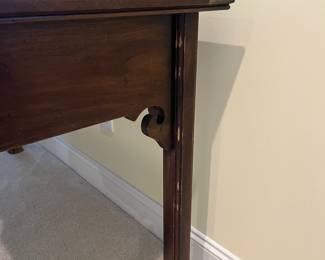 T41 - $550. Henredon Chair and Writing Desk with 3 Drawers and Brass Plated Corners and Feet. Desk Measures - 52" x 25" x 29.5" Tall. Chair- 20" x 18.5" x 43"T, floor to seat 16.5". Overall very good condition, most wear is on one desk leg as seen in photo.