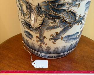 T11 - $100. Umbrella / Cane Stand, Blue and White with Gold Accents. Measures 8.5" x 18.5" tall. Excellent condition.