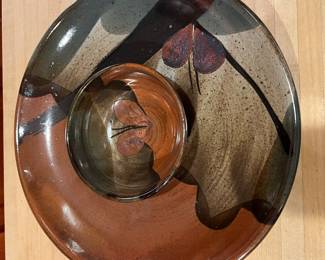 T132 - $40. Vintage John Freimarck Butterfly Studio Pottery Chips and Dip Set.