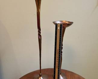 T55 - $100. Pair of vintage Hessel Studios Copper Candle Holders. Measures 12" T & 16.25" T. Excellent condition.