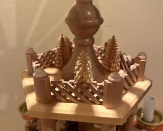 T64 - $225. Vintage 3 Tier Erzgebirge German Christmas candle carousel (we believe this is by Richard Glaesser but it's unmarked.) Measures 12" x 16.5" tall. Excellent condition.