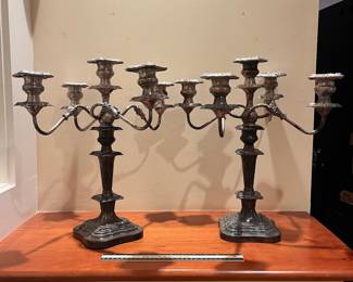 T61 - $45. Pair of Silver Plated Candelabras. Measures 16.5" x 18" Tall. Very good condition.