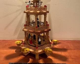 T62 - $40. Vintage 3 Tier German Nativity Candle Carousel. Measures 12" x 18.5" Tall. Excellent condition.