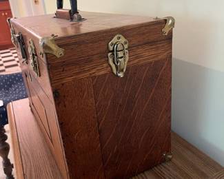 T46 - $125. Antique Machinist Toolbox. Measures 20" x 9.5" x 11.25" Tall. Very good condition, handle is wrapped in tape.
