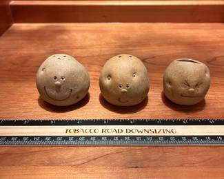 T128 - $40. Set of Kato Kogei Collaboration Ceramic Potato Salt, Pepper & Toothpick Holder.