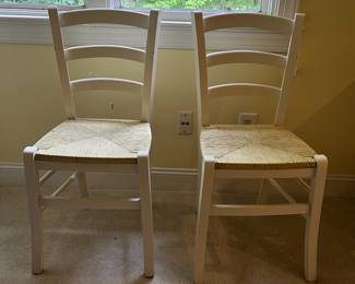 T43 - $25. Pair of Wood Chairs with Rush Seats. Measures 15.5" x 14" x 35" Tall, floor to seat 18.5". Structurally sound, overall good condition with some surface wear.
