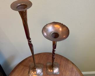 T55 - $100. Pair of vintage Hessel Studios Copper Candle Holders. Measures 12" T & 16.25" T. Excellent condition.