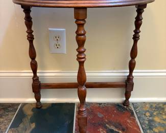 T21 - $25. Small Demilune Table. Measures 21.75" x 11" x 22.25" tall. Needs minor repairs, wiggles a little.