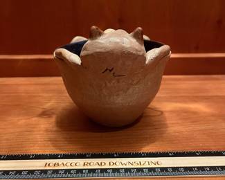 T30 - $20. Folk Art Cat Pottery, signed ML. Measures 4.5" x 4.5" Tall. Excellent condition.