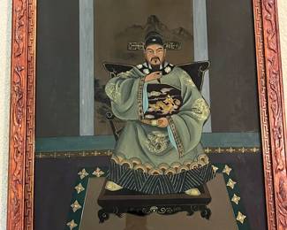 T93 - $750. PAIR of Chinese Ancestor Reverse Paintings on glass with intricately carved wood frame and brass hanging plates. Each Measures 21.75" x 41.5"T. Very good condition.