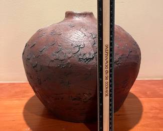 T130 - $35. Large Unique Handmade Clay Vase. Measures 12” x 9.5” tall.