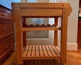T2 - $150. Butcher Block Rolling Island. Measures 32.25" x 23" x 36" tall. Single drawer slides easily, holes for knives. Overall very good condition.