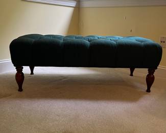T42 - $50. Upholstered Bench with Wood Legs. Measures 43" x 20.5" x 15.5" Tall. Very good condition, but does have pet hair.