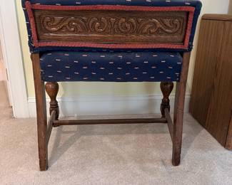 T48 - $10. Upholstery and wood bench. Measures 25" x 16" x 24" Tall, floor to seat 18.5". Wood frame in great shape, but seat bottom needs repair.