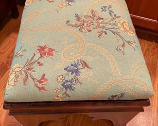 $65. Upholstered stool with wooden base. 19.75' x 17.75" x16"T. Very good vintage condition with a few veneer chips. T9 - $65. Upholstered Stool with Wooden Base. Measures 19.75" x 17.75" x 16" tall. Very good vintage condition with a few veneer chips.