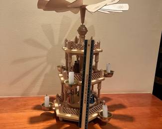 T64 - $225. Vintage 3 Tier Erzgebirge German Christmas candle carousel (we believe this is by Richard Glaesser but it's unmarked.) Measures 12" x 16.5" tall. Excellent condition.