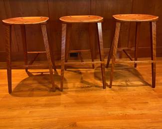 T36 - $900 FIRM. Michael Seward set of 3 Wood Stools. Measures 17.75" x 15.5" x 30" Tall. Very good condition with minor scratches.