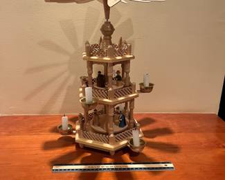 T64 - $225. Vintage 3 Tier Erzgebirge German Christmas candle carousel (we believe this is by Richard Glaesser but it's unmarked.) Measures 12" x 16.5" tall. Excellent condition.